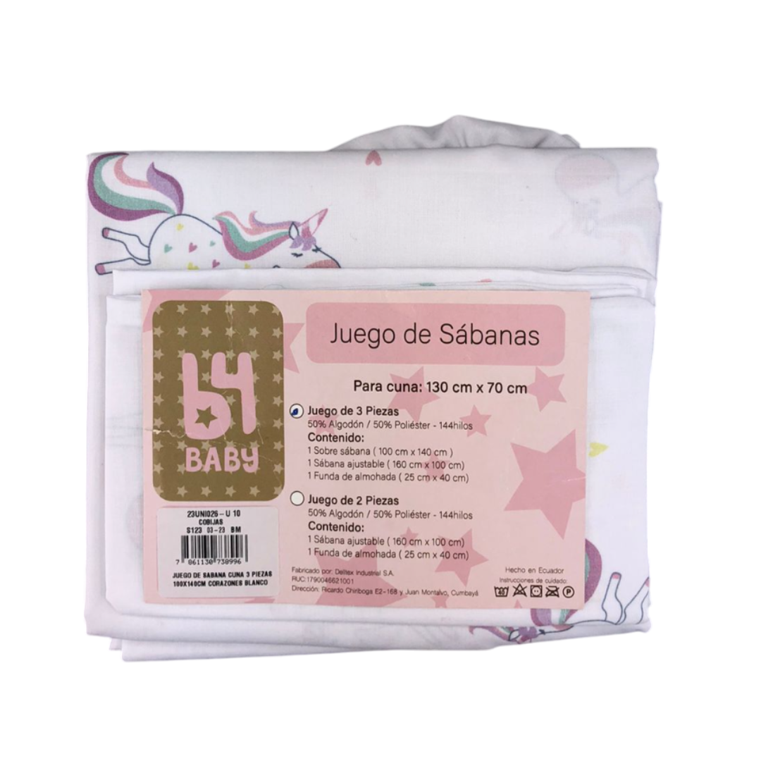 Juego de sábanas unicornios y corazones 3 pzas