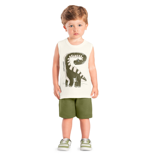 Camiseta Sin Mangas Y Bermuda Nene Cutesaurus | Blanco Brandili