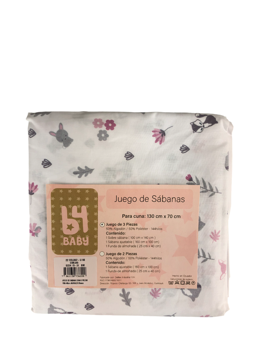 Juego De Sábanas Tres Piezas | Animalitos Rosa B4 Baby