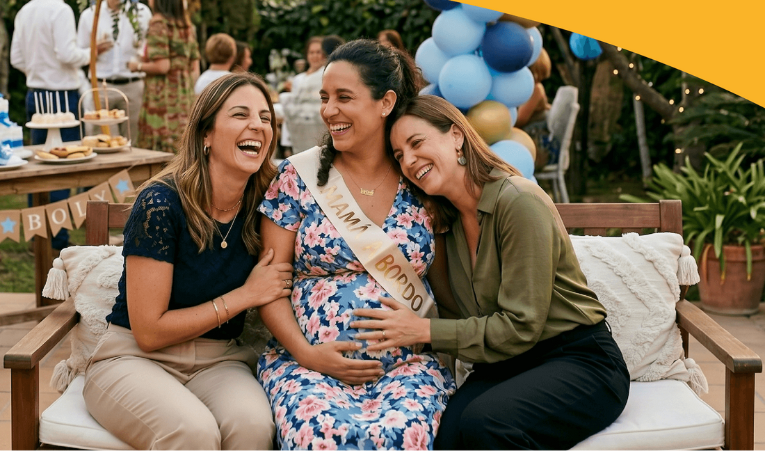 Tres mujeres en un babyshower con fondo de fiesta y globos